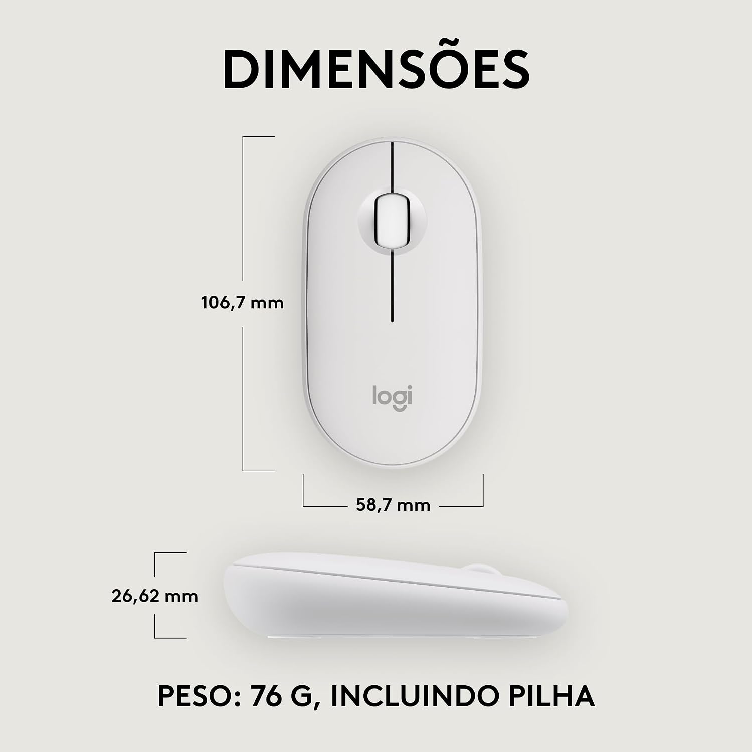 Mouse sem fio Logitech Pebble 2 M350s com Clique Silencioso, Design Slim Ambidestro, Conexão Bluetooth e Pilha Inclusa - Branco