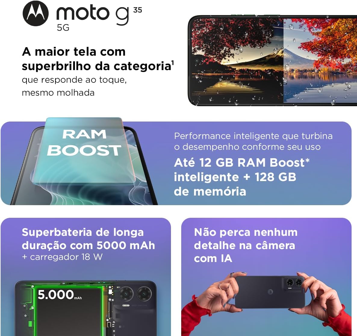 Smartphone Motorola Moto g35 5G - 128GB 12GB (4GB RAM+8GB Ram Boost) e Camera 50MP com AI NFC Tela 6.7" com Superbrilho - Verde: imagem adicional