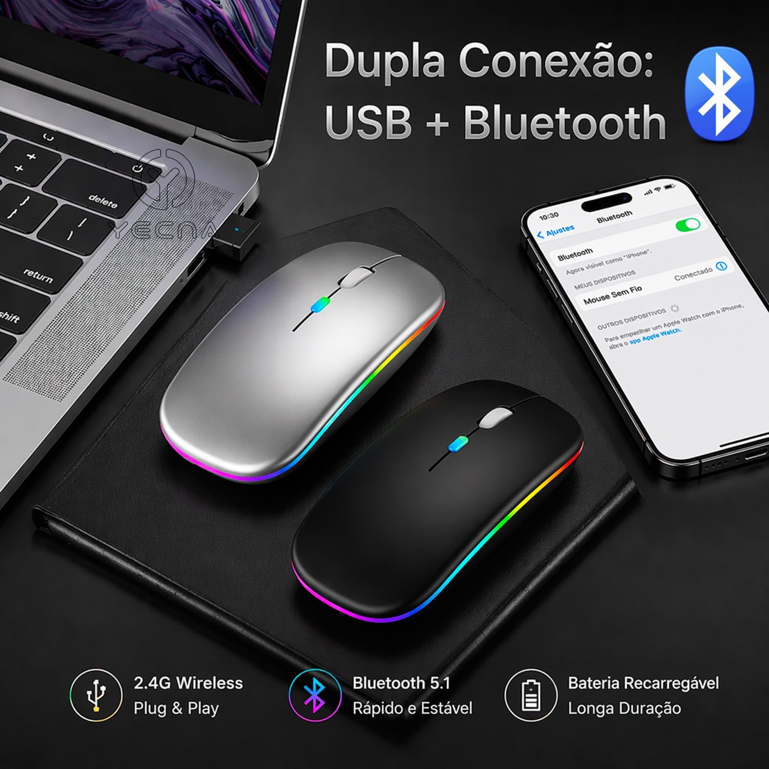 Mouse Bluetooth Recarregável sem Fio Dupla Conexão, e USB, Wireless Mouse compatível com iPhone, MacBook,iPad,Laptop,PC,Notebook, Tablet,Ergonômico, Premium Yecna (Preto)