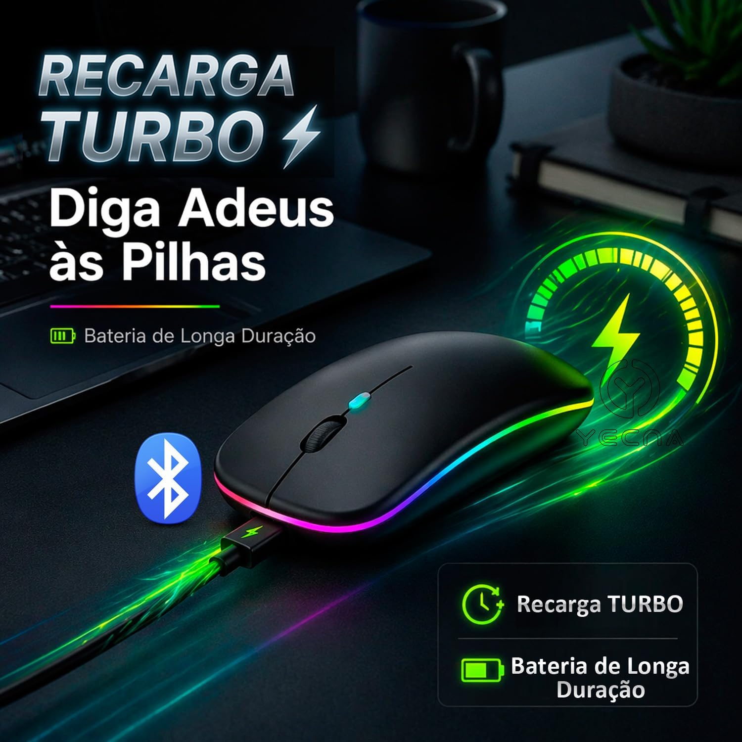 Mouse Bluetooth Recarregável sem Fio Dupla Conexão, e USB, Wireless Mouse compatível com iPhone, MacBook,iPad,Laptop,PC,Notebook, Tablet,Ergonômico, Premium Yecna (Preto): imagem adicional