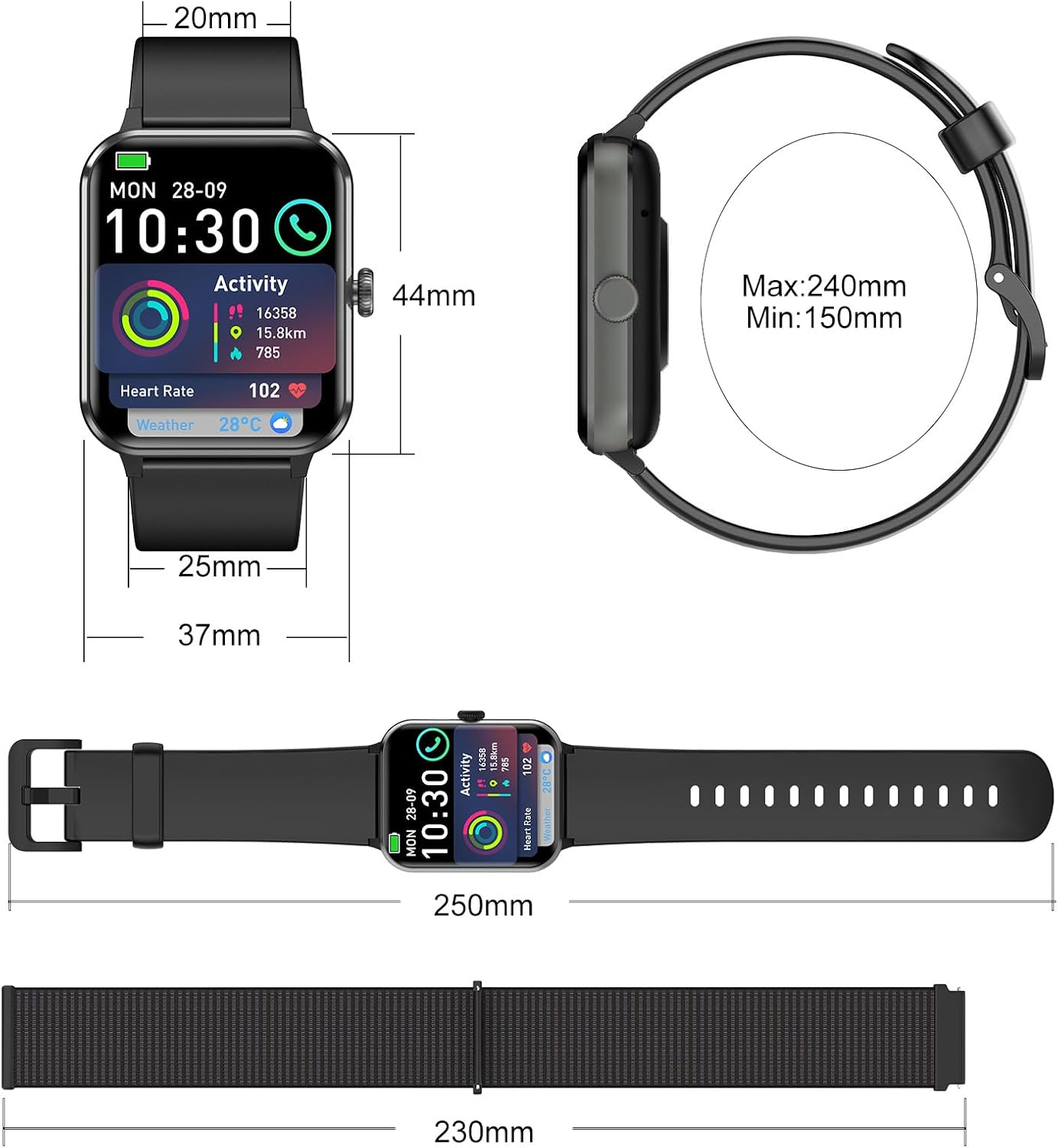 Smartwatch,Relógio Inteligente para Homens e Mulheres, 1.85“ Tela HD Touch, 100+ Modos Esportivos, Chamadas Bluetooth,Assistente de Voz, Compatível com iOS/Android,Inclui 2 Pulseiras,Preto: imagem adicional