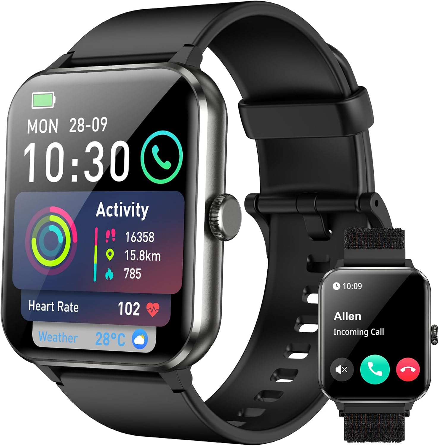 Smartwatch,Relógio Inteligente para Homens e Mulheres, 1.85“ Tela HD Touch, 100+ Modos Esportivos, Chamadas Bluetooth,Assistente de Voz, Compatível com iOS/Android,Inclui 2 Pulseiras,Preto: imagem adicional