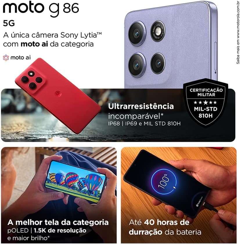 Smartphone Motorola Moto g86 5G - 256GB 24GB (8GB RAM+16GB Ram Boost) Tela 1.5K pOLED, 50MP Sony camera OIS Moto AI, videos em 4K, IP68 + IP69 - Vermelho: imagem adicional