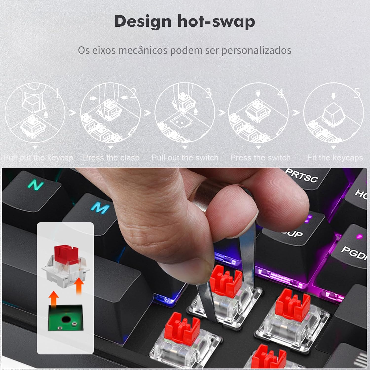 Teclado Gamer Mecanico, RGB, Switch Vermelho Hot-Swap, Anti-Ghosting, USB-C com Fio: imagem adicional