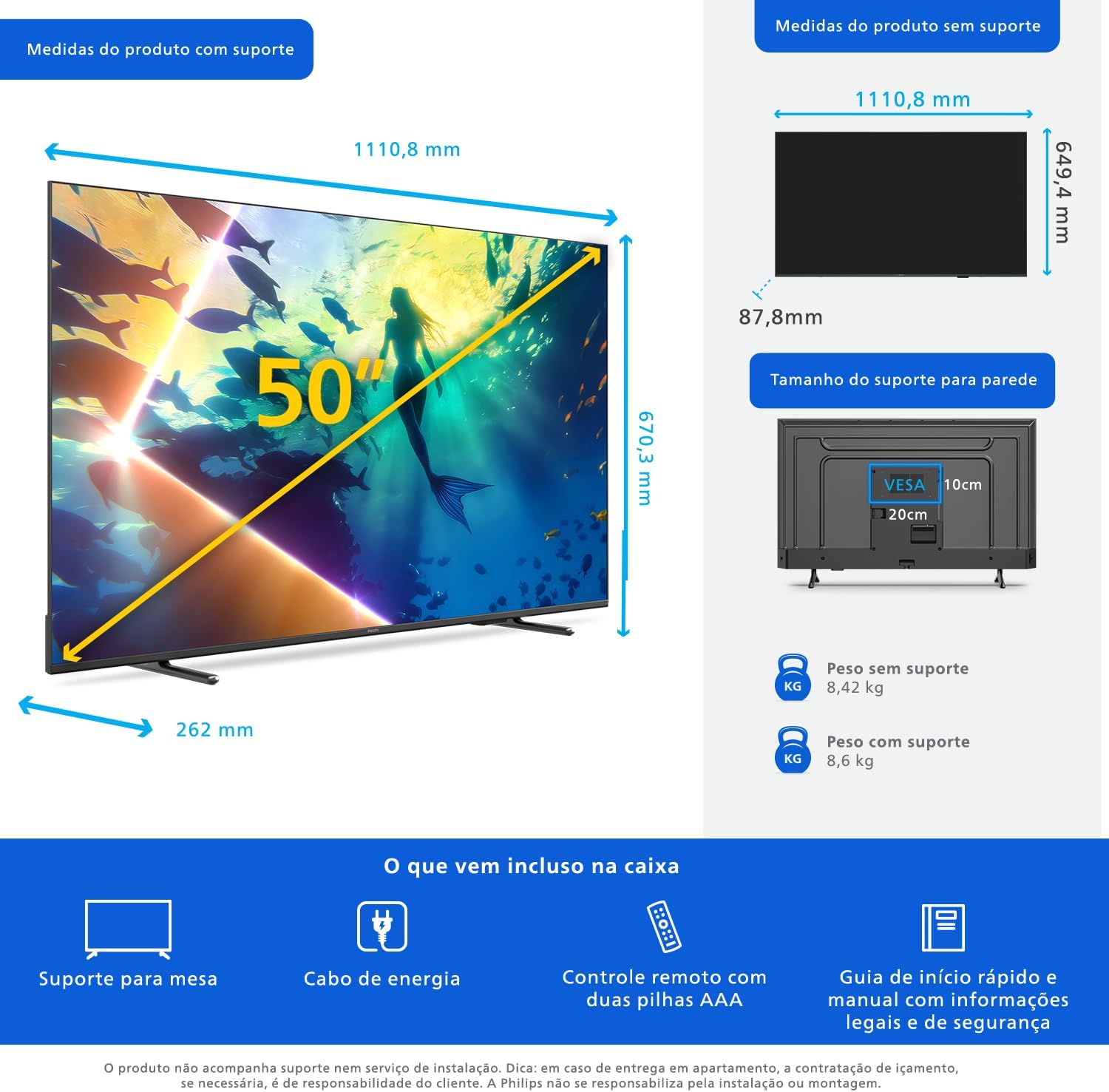 PHILIPS, Smart TV Ambilight 50" 4K, Titan OS, 50PUG8100/78, Comando de Voz, HDR10+/Dolby Atmos, VRR/ALLM, Bluetooth