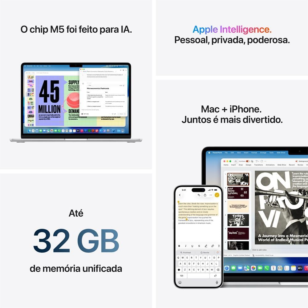 Apple 2026 MacBook Air (de 13 polegadas, Chip M5 da Apple com CPU de 10 núcleos e GPU de 10 núcleos., 16GB Memória unificada, 1 TB) - Estelar: imagem adicional