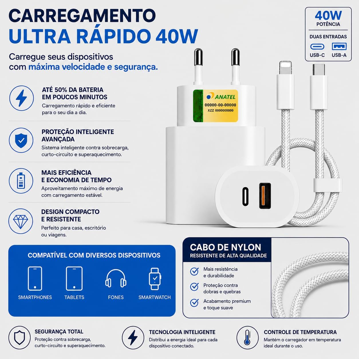 Carregador Turbo 40W USB-C + USB-A Compatível com IPhone 8 X Xr 11 12 13 14, Bivolt 110/220V - CABO DE NYLON - Carregamento POWER DUO